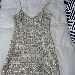 White and silver beaded Theia mini dress size 4